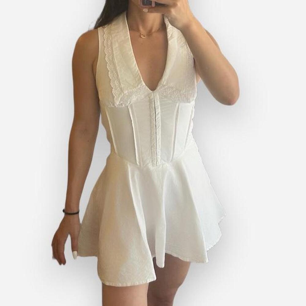Princess Polly Cotton Haworth Mini Dress White with corset detail and ruffle tri